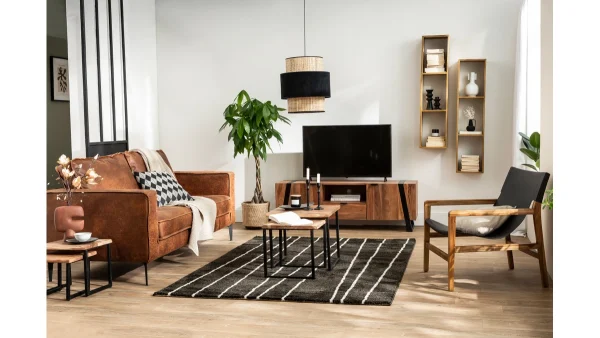 magasin en ligne Canapé Vintage 3 Places Cuir Marron Cognac Aspect Vieilli Et Métal Noir SONNY 7