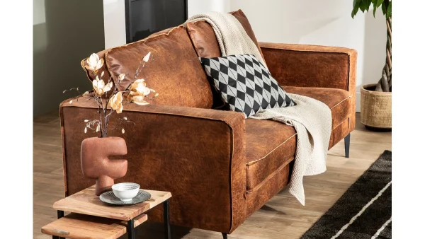 magasin en ligne Canapé Vintage 3 Places Cuir Marron Cognac Aspect Vieilli Et Métal Noir SONNY 8