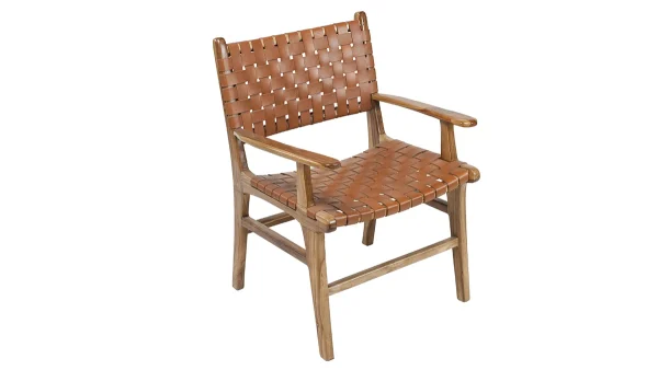 Chaise En Bois Teck Massif Et Sangles En Cuir Marron LODGE 3