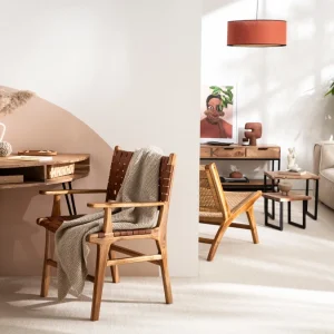 Chaise En Bois Teck Massif Et Sangles En Cuir Marron LODGE 22