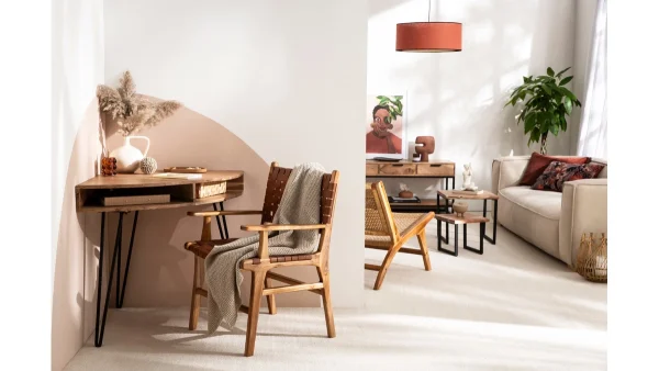 Chaise En Bois Teck Massif Et Sangles En Cuir Marron LODGE 7