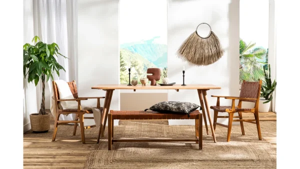 Chaise En Bois Teck Massif Et Sangles En Cuir Marron LODGE 9