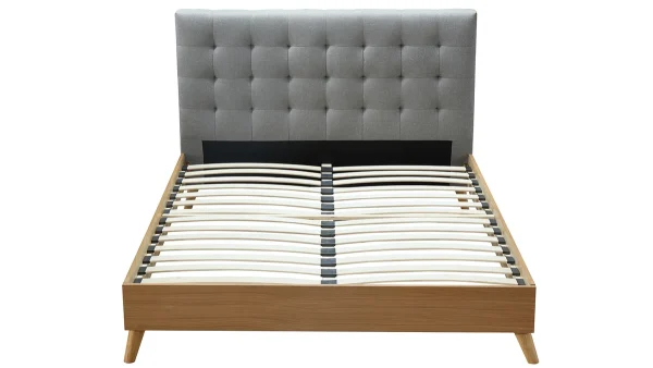 vente à bas prix Lit 2 Places 140x200cm En Bois Et Tissu Gris LYNN 1