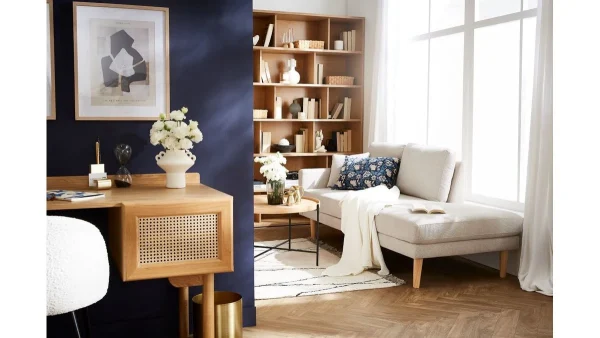 achat pas cher Méridienne Scandinave En Tissu Effet Velours Texturé Beige Et Bois Clair BERTILLE 7