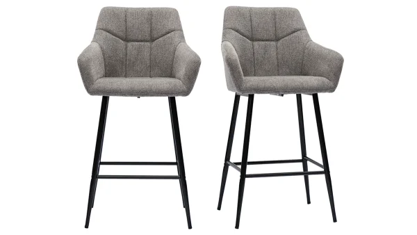 grossiste Tabourets De Bar Avec Sièges Matelassés En Tissu Effet Velours Texturé Gris Et Métal Noir H65 Cm (lot De 2) MONTERO 1