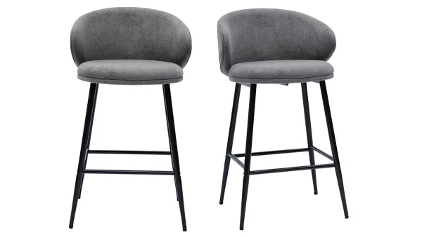 a Prix Discount Tabourets De Bar Design En Tissu Effet Velours Gris Et Métal Noir (lot De 2) ROSALIE 1