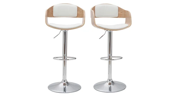 Tabourets De Bar Design Réglables En Polyuréthane Blanc Et Bois Clair (lot De 2) EUSTACHE 1