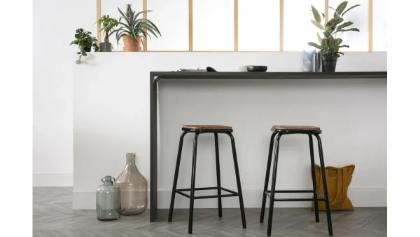 boutique en ligne Tabourets De Bar Empilables Noir Et Bois Foncé H65 Cm (lot De 2) MEMPHIS 6