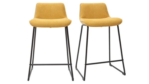 Tabourets De Bar En Tissu Effet Velours Texturé Jaune Moutarde Et Métal H65 Cm (lot De 2) BOOST 1