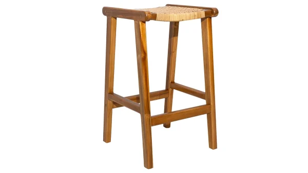 pas cher Tabourets De Bar Ethniques En Bois Teck Massif Et Cannage Rotin H65 Cm (lot De 2) GAWA 4