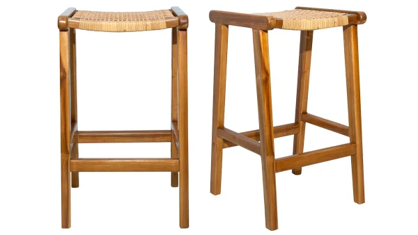 pas cher Tabourets De Bar Ethniques En Bois Teck Massif Et Cannage Rotin H65 Cm (lot De 2) GAWA 1